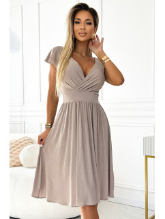 Béžové dámské šaty s výstřihem a krátkými rukávy model 20091446 - numoco