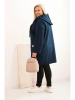 Dámský kabát Plus Size z umělého beránka s kapucí a kapsami modrý