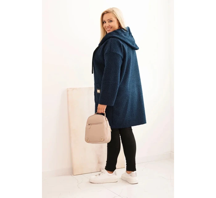 Dámský kabát Plus Size z umělého beránka s kapucí a kapsami modrý