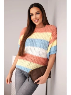Dámský svetr s krátkým rukávem v barevných pruzích a pletením model 21949232 - K-Fashion