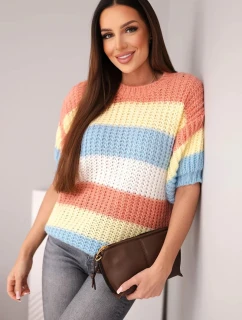 Dámský svetr s krátkým rukávem v barevných pruzích a otevřeným pletením rudy