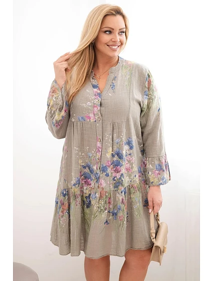Dámské bavlněné plus size šaty s výstřihem do V a knoflíky s květinovým vzorem fango