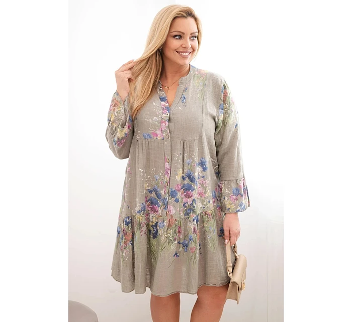 Dámské bavlněné plus size šaty s výstřihem do V a knoflíky s květinovým vzorem fango