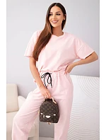Dámský bavlněný model 22128679 tričko s krátkým rukávem a teplákové kalhoty pudrově růžová - K-Fashion