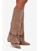 Dámské kozačky nad koleno na sloupkovém podpatku s ozdobným páskem Jolivine – béžové
