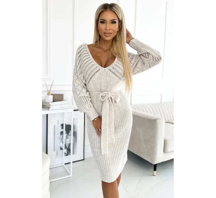 507-1 Ažurové svetrové šaty s výstřihem a vázáním - BEACH
