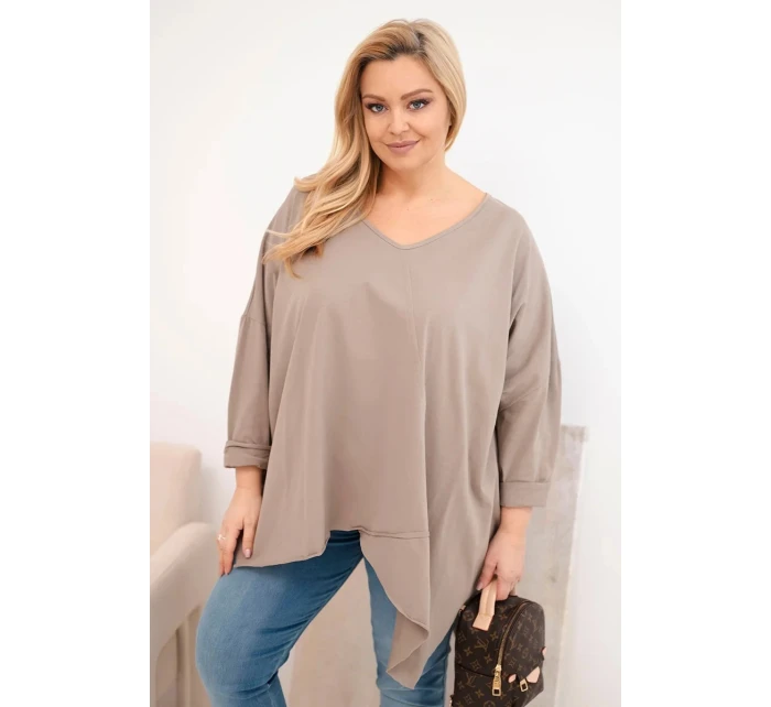 Dámská bavlněná blůza Plus Size s asymetrickým spodním lemem a V výstřihem fango