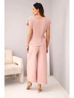Komplet z wiskozy bluzka plisowana + spodnie tmavě pudrově růžová