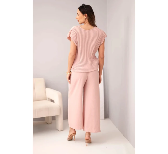 Komplet z wiskozy bluzka plisowana + spodnie tmavě pudrově růžová