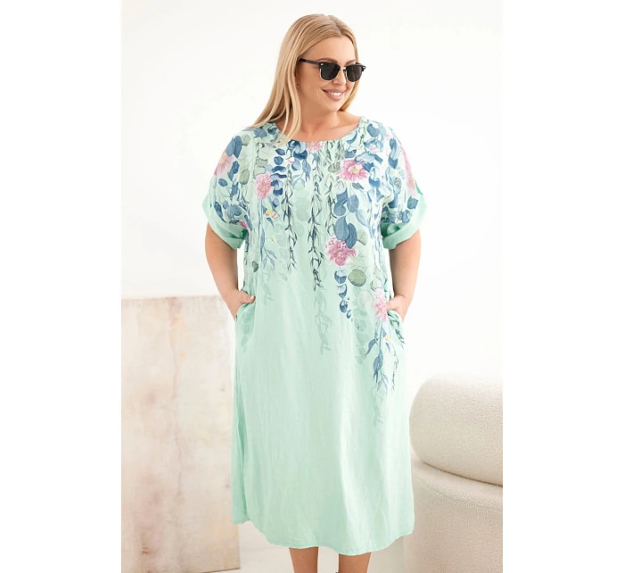 Dámské viskózové šaty Plus Size s krátkým rukávem a rozparky po stranách mintová