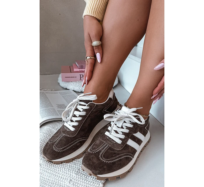 Kožené semišové tenisky dámské na platformě S.Barski LR61-7097 Čokoládové