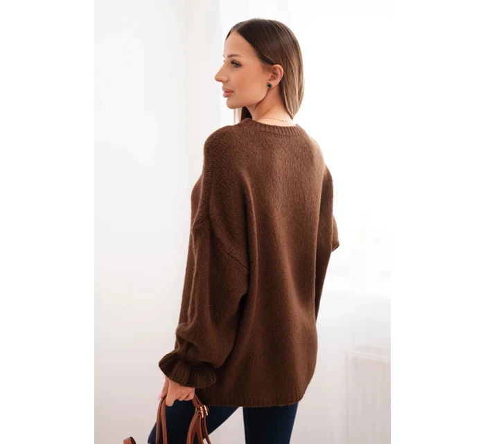 Dámský svetr s příměsí mohairu a vlny volného střihu hnědý Dámský svetr s příměsí mohairu a vlny volného střihu hnědý