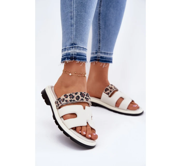 Dámské Kožené Pantofle S Suchým Zipem Leopard Vinceza 66769 Světle Béžové