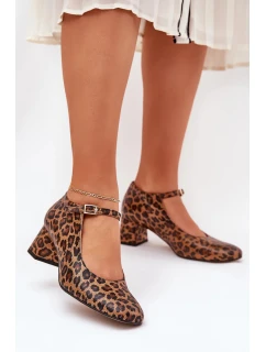 Dámské kožené lodičky na podpatku s leopardím vzorem Laura Messi – hnědé