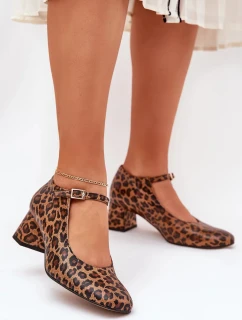 Dámské kožené lodičky na podpatku s leopardím vzorem Laura Messi – hnědé