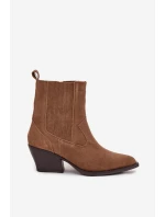 Dámské zateplené kotníkové boty kovbojky na podpatku Dylira – camel, zamsz Dámské zateplené kotníkové boty kovbojky na podpatku Dylira – camel, zamsz