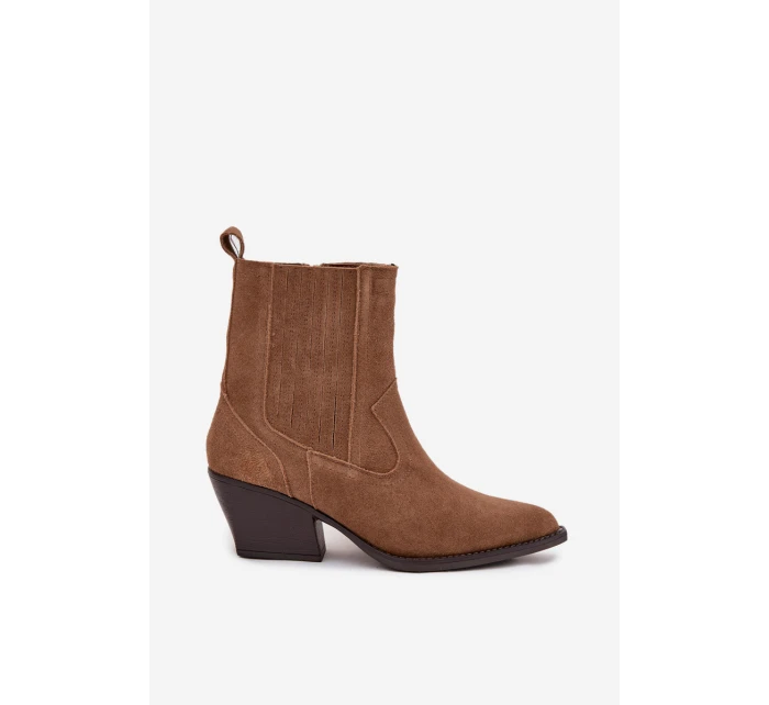 Dámské zateplené kotníkové boty kovbojky na podpatku Dylira – camel, zamsz Dámské zateplené kotníkové boty kovbojky na podpatku Dylira – camel, zamsz