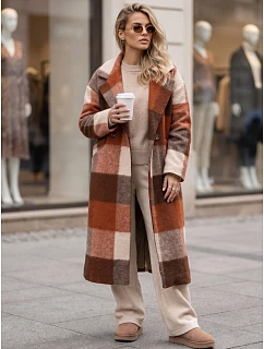 Płaszcz damski dwurzędowy z wełną w kratę pomarańczowy FashionStreet NY0824