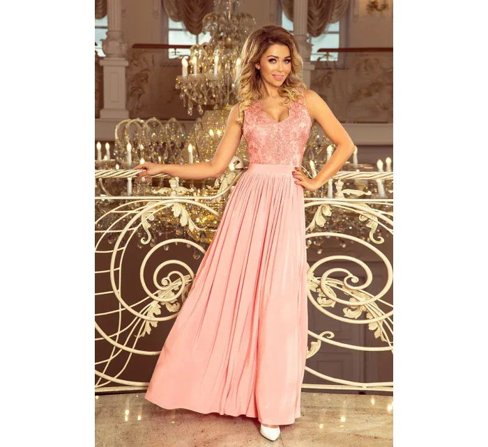 215-4 LEA dlouhé šaty bez rukávů s vyšívaným výstřihem - PASTEL ROSE