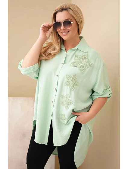 Dámská košile Plus Size z viskózy s květinovým vyšíváním tmavě mátová