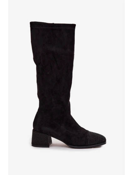 Dámské kozačky s ozdobou na hranatém podpatku Ivanna – černé Dámské kozačky s ozdobou na hranatém podpatku Ivanna – černé