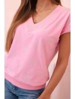 Dámská blůza s výstřihem do V a potiskem model 21220069 světle růžová - K-Fashion