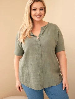 Dámská bavlněná halenka Plus Size s výstřihem na knoflíky khaki