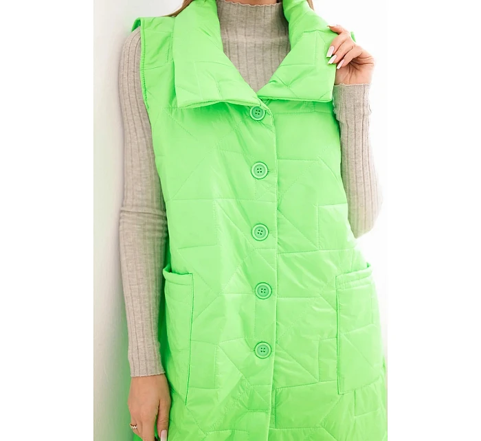 Dámská prošívaná dlouhá vesta s kapsami a stojáčkem neonově zelená