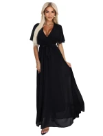 545-5 Dlouhé šaty se skládaným výstřihem a vázáním - ČERNÁ