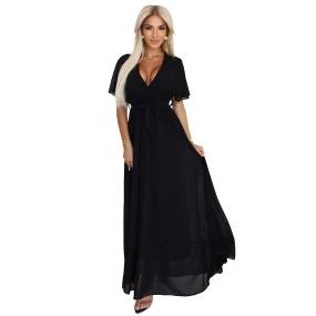 Dlouhé šaty se výstřihem a vázáním ČERNÁ model 21230934 - numoco basic