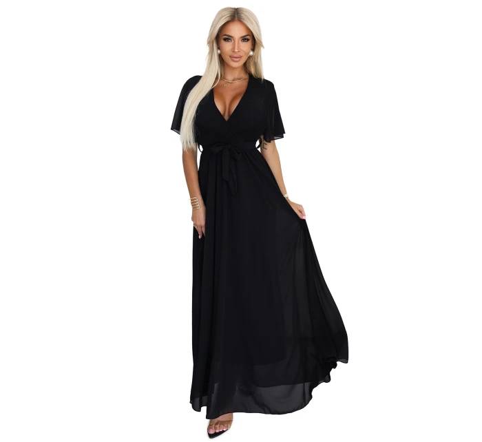 545-5 Dlouhé šaty se skládaným výstřihem a vázáním - ČERNÁ