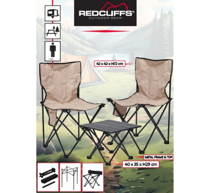 SKLÁDACÍ CESTOVNÍ SET 3 V 1 STŮL A 2 ŽIDLE REDCLIFFS BEIGE