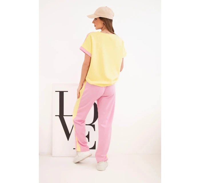 Dámská máslová souprava s oversize mikinou a širokými kalhotami světle růžová + žlutá