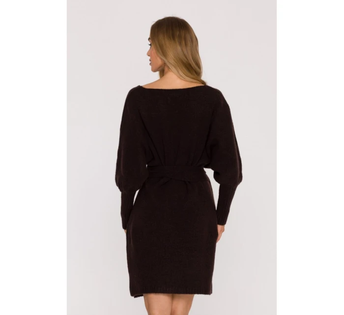 model 21484557 Zavinovací svetrové šaty s vázáním čokoládové - Moe