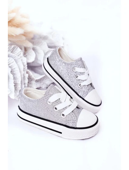 Dětské Brokátové Tenisky Stříbrné Bling-Bling