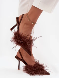 Dámské lodičky s peřím a odhalenou patou Belice – čokoládové