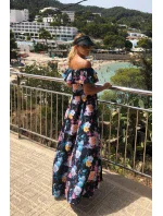 Dlouhé dámské černé šaty s barevnými květy a španělským výstřihem model 7118058