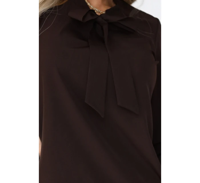 140-29 Služební halenka s dlouhým rukávem a zavazováním vpředu - čokoládová