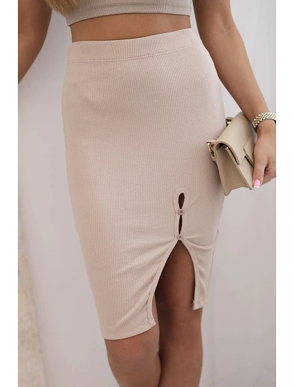 Dámská pruhovaná bavlněná sukně s rozparkem a ozdobnými knoflíky béžová