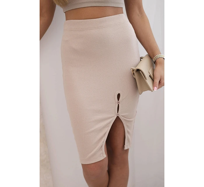 Dámská pruhovaná bavlněná sukně s rozparkem a ozdobnými knoflíky béžová