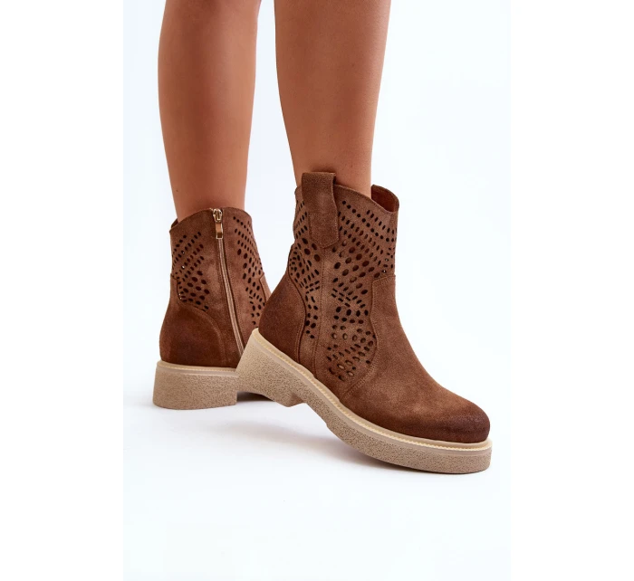 Semišové Dámské Botky na Ploché Podrážce Hnědé model 21652397 - Zazoo