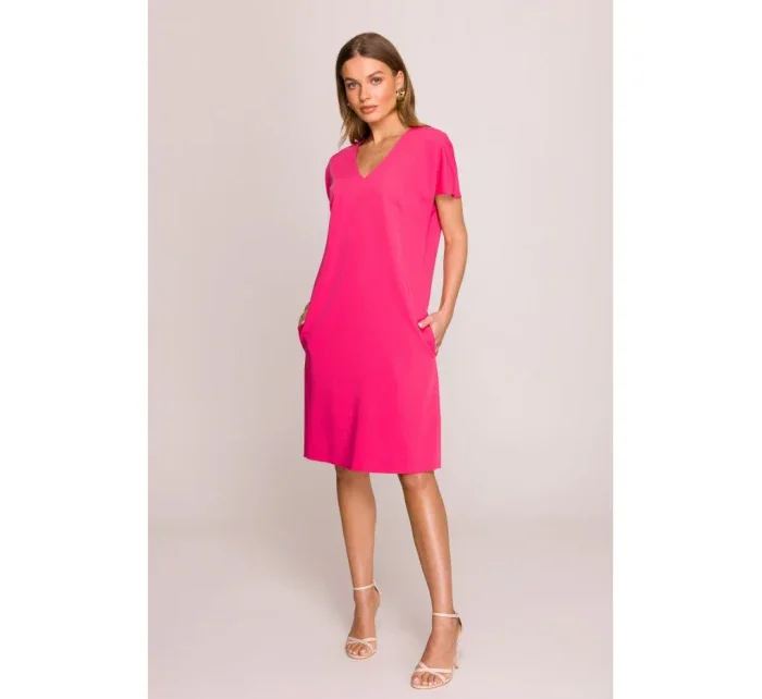 model 20966038 Šaty uvolněného střihu s výstřihem do V růžové - STYLOVE model 20966038 Šaty uvolněného střihu s výstřihem do V růžové - STYLOVE