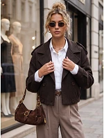 Krátký dámský dvouřadý kabát v čokoládové barvě FashionStreet TY6026 Krátký dámský dvouřadý kabát v čokoládové barvě FashionStreet TY6026