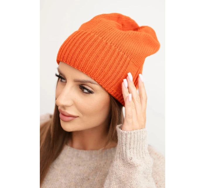 Dámská zimní čepice z vlny s klasickým ribovým vzorem K444 oranžová Dámská zimní čepice z vlny s klasickým ribovým vzorem K444 oranžová