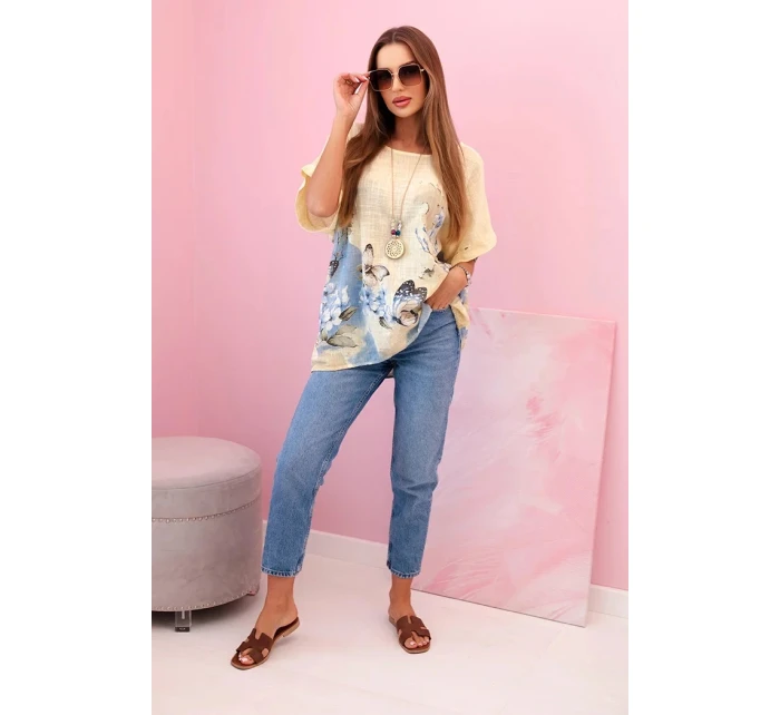 Dámská bavlněná košile s model 22021092 a květinami žlutý - K-Fashion