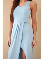 Dámské bavlněné midi šaty bez rukávů s řasením modrá