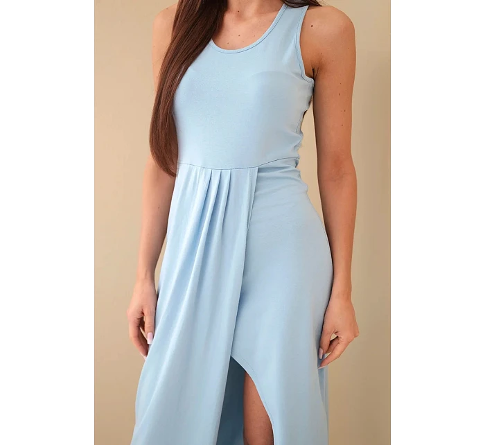 Dámské bavlněné midi šaty bez rukávů s řasením modrá