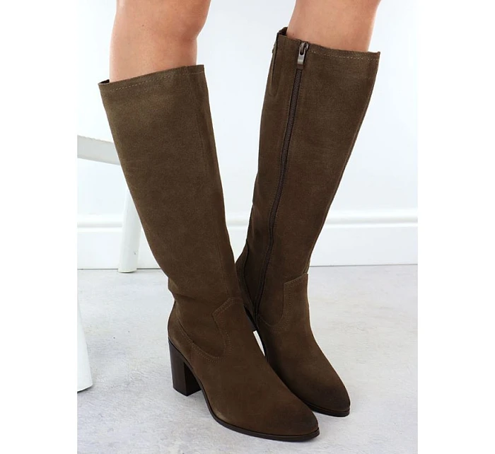 Dámské khaki kožené boty na jehlovém podpatku Sergio Leone 25668