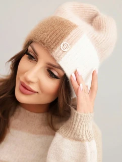 Dámská čepice barevná z viskózy s ozdobným knoflíkem pudrově růžová + camelová