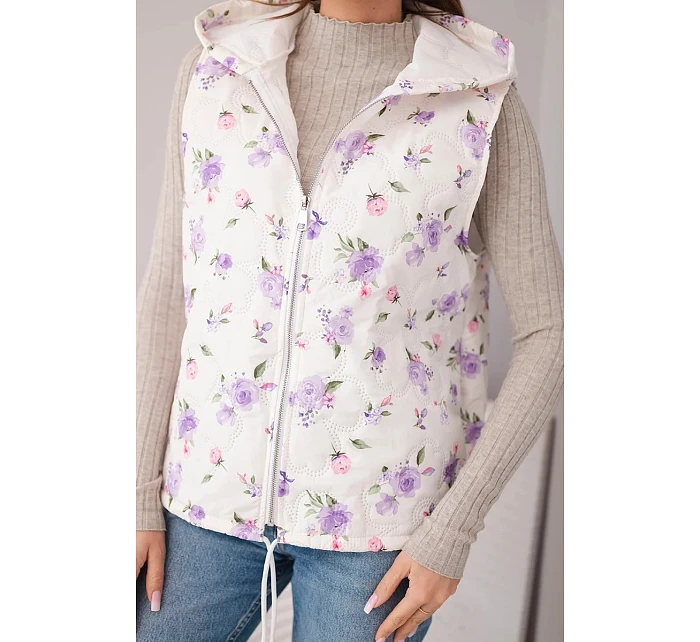 Dámská prošívaná vesta s květinami a kapucí fialová